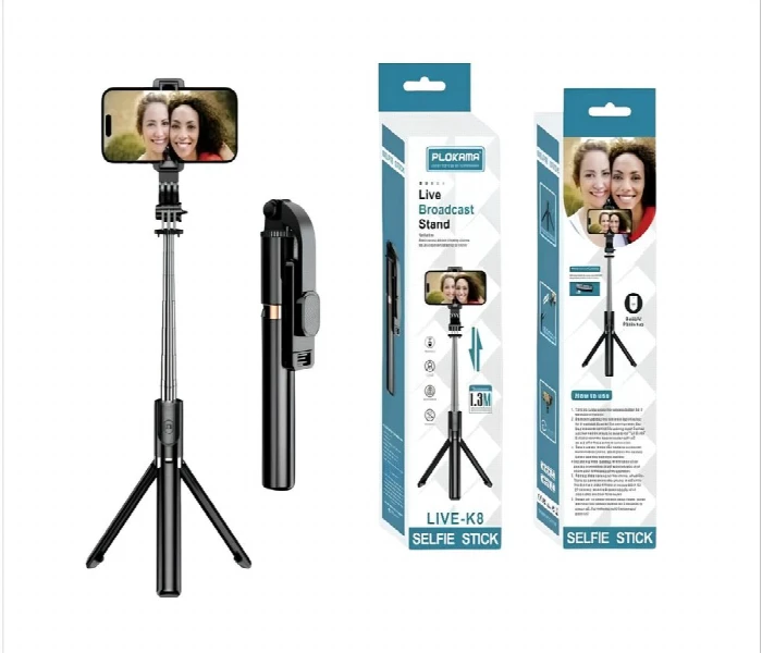 Plokama Live K8 Multifunctional Selfie Stick Tripod with Bluetooth Remote BlackC